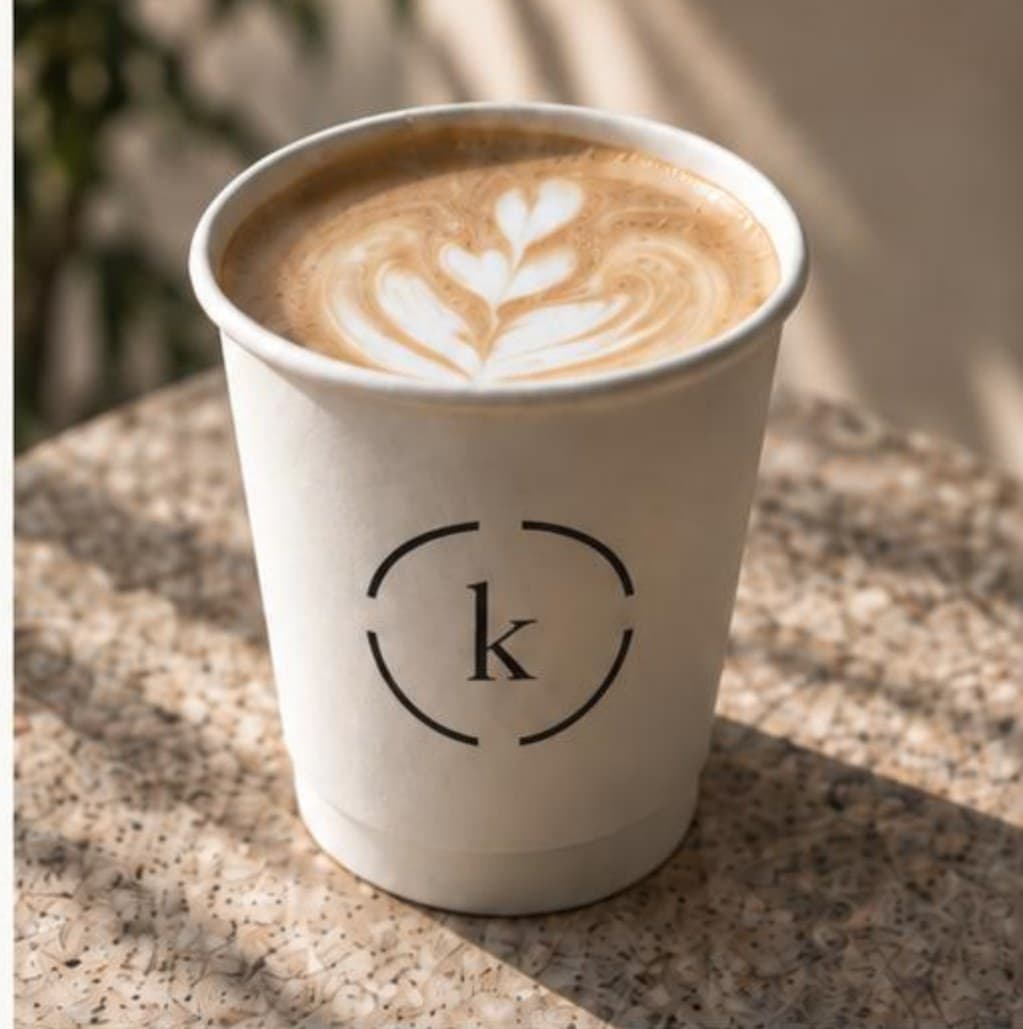 A latte in a kin takeaway cup, the k mark on the side